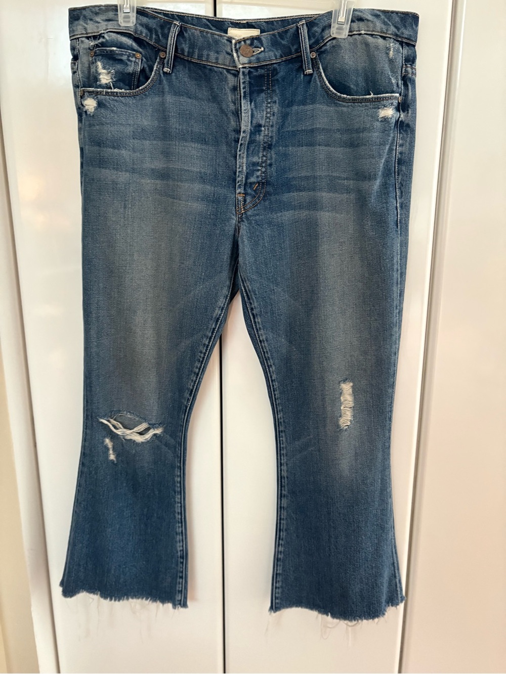 MOTHER Distressed Medium Blue Cropped Flare Jeans
